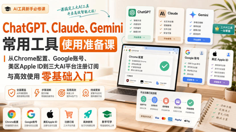 ChatGPT、Claude、Gemini常用工具使用准备课｜从Chrome配置、Google账号、美区Apple ID到三大AI平台注册订阅与高效使用零基础入门-hcnxn