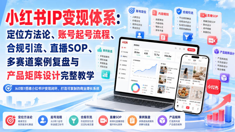 小红书IP变现体系：定位方法论、账号起号流程、合规引流、直播SOP、多赛道案例复盘与产品矩阵设计完整教学-hcnxn