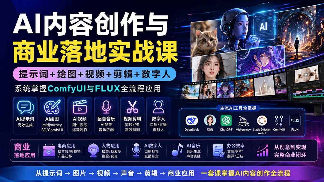 AI内容创作与商业落地实战课：提示词+绘图+视频+剪辑+数字人，系统掌握ComfyUI与FLUX全流程应用-hcnxn