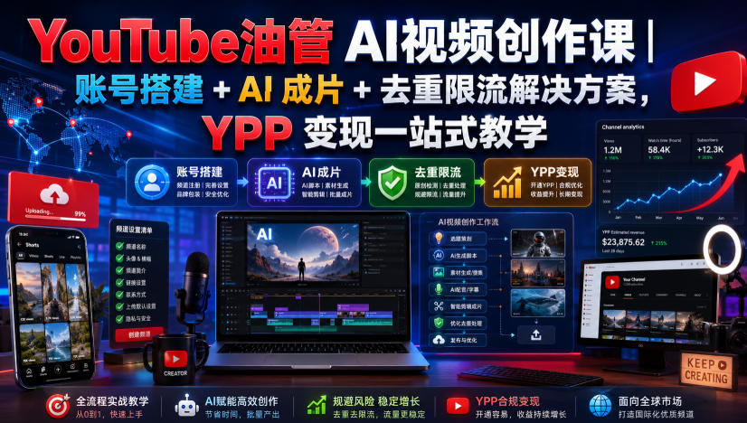 YouTube油管AI视频创作课｜账号搭建+AI成片+去重限流解决方案，YPP变现一站式教学(更新0817)-hcnxn
