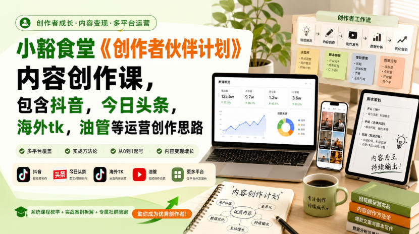 小豁食堂《创作者伙伴计划》内容创作课，包含抖音，今日头条，海外tk，油管等运营创作思路-hcnxn
