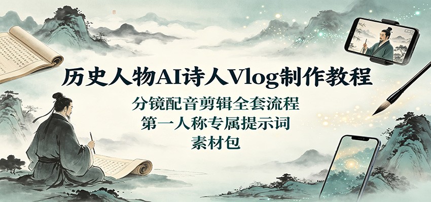 历史人物AI诗人Vlog制作教程：分镜配音剪辑全套流程，第一人称专属提示词素材包-hcnxn