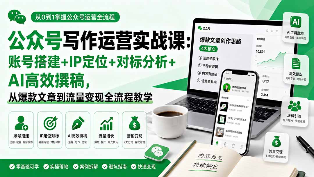 公众号写作运营实战课：账号搭建+IP定位+对标分析+AI高效撰稿，从爆款文章到流量变现全流程教学-hcnxn