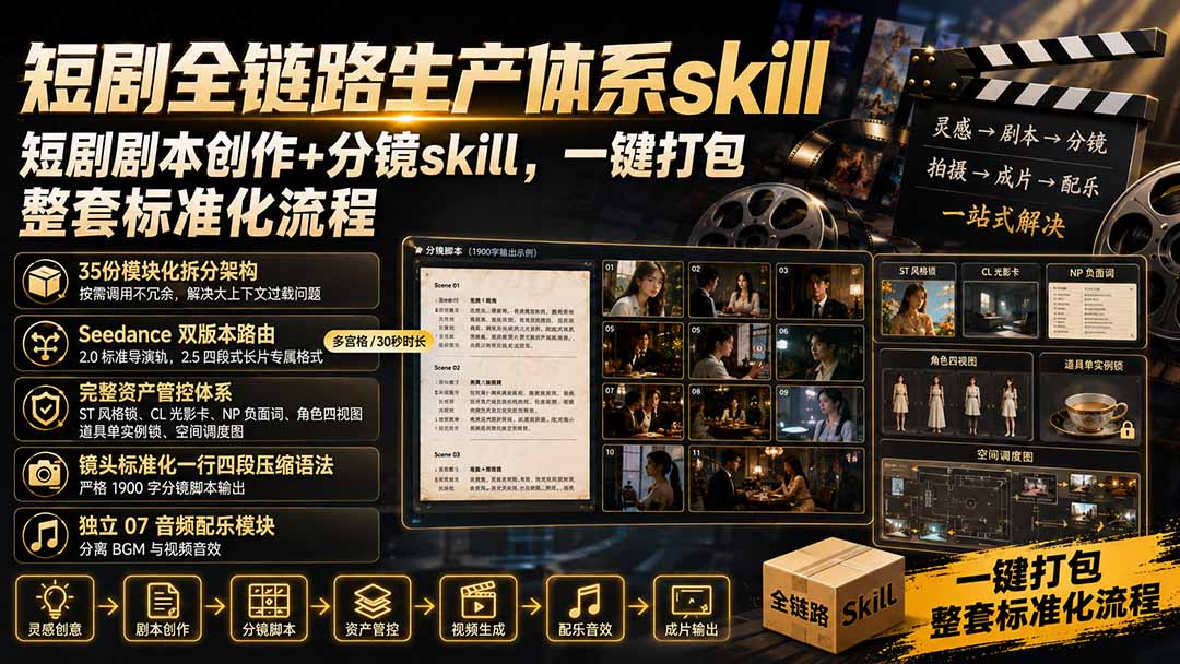 短剧全链路生产体系skill，短剧剧本创作+分镜skill，一键打包，整套标准化流程-hcnxn