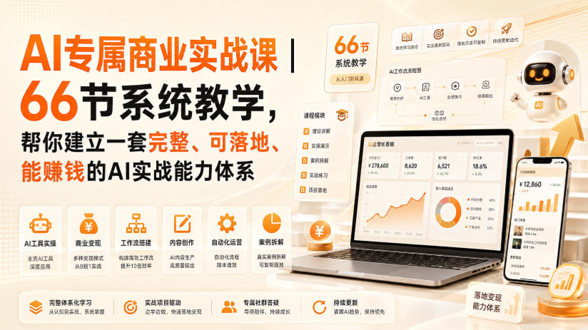 AI专属商业实战课｜66节系统教学，帮你建立一套完整、可落地、能賺钱的AI实战能力体系-hcnxn