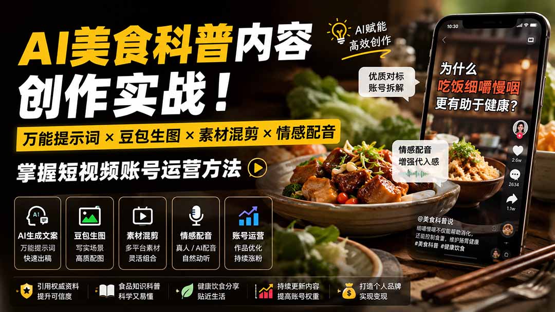 外面卖199元-AI美食科普内容创作实战！万能提示词×豆包生图×素材混剪×情感配音，掌握短视频账号运营方法-hcnxn