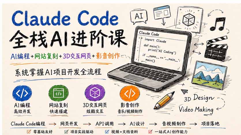 Claude Code全栈AI进阶课；AI编程+网站复刻+3D交互网页+影音创作，系统掌握AI项目开发全流程-hcnxn