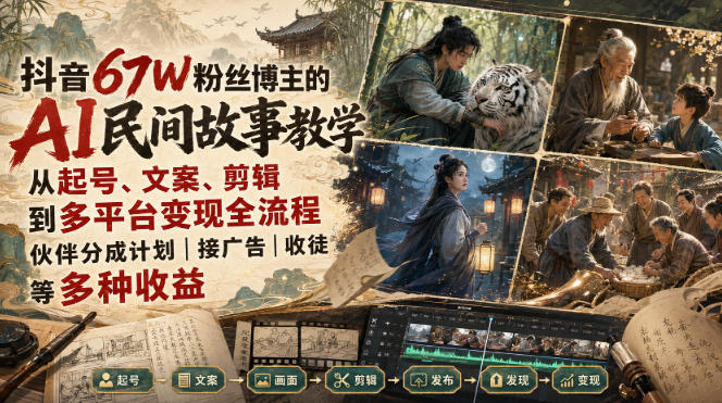 抖音67W粉丝博主的AI民间故事教学，从起号、文案、剪辑到多平台变现全流程，伙伴分成计划接广告等多种收益，月入1W+-hcnxn