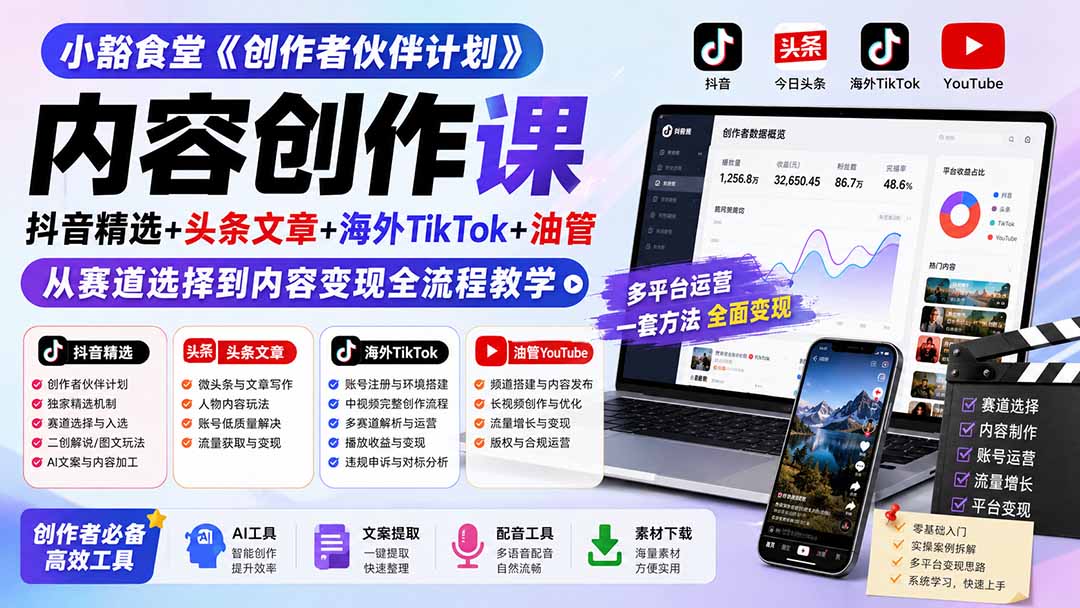 小豁食堂《创作者伙伴计划》内容创作课：抖音精选+头条文章+海外TikTok+油管，从赛道选择到内容变现全流程教学-hcnxn