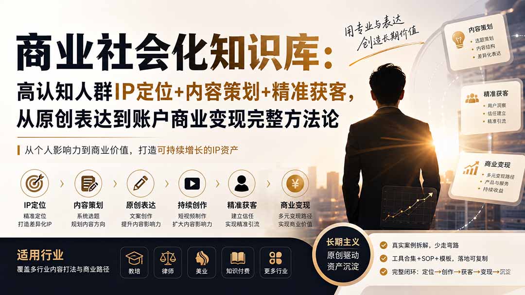 商业社会化知识库：高认知人群IP定位+内容策划+精准获客，从原创表达到账户商业变现完整方法论-hcnxn