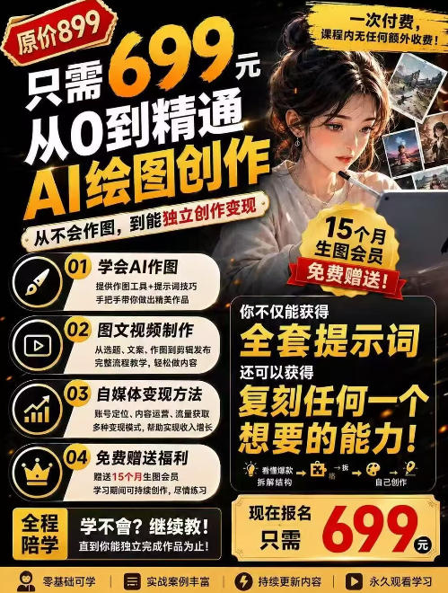 抖音10W粉丝博主的AI绘图教学，从0到精通AI绘图创作，从不会作图到能独立创作变现-hcnxn