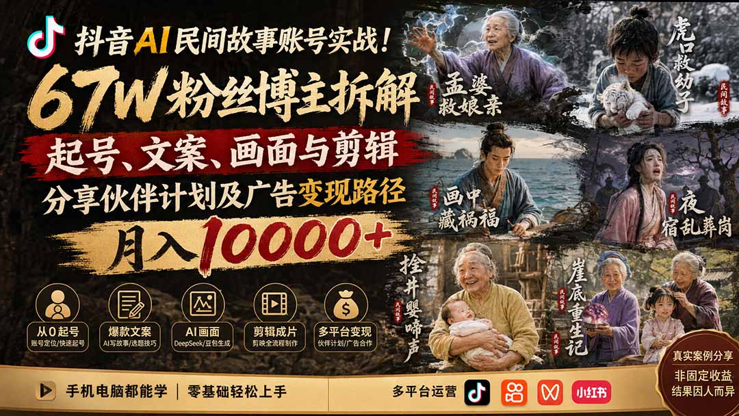抖音AI民间故事账号实战！67W粉丝博主拆解起号、文案、画面与剪辑，分享伙伴计划及广告变现路径，月入10000+-hcnxn