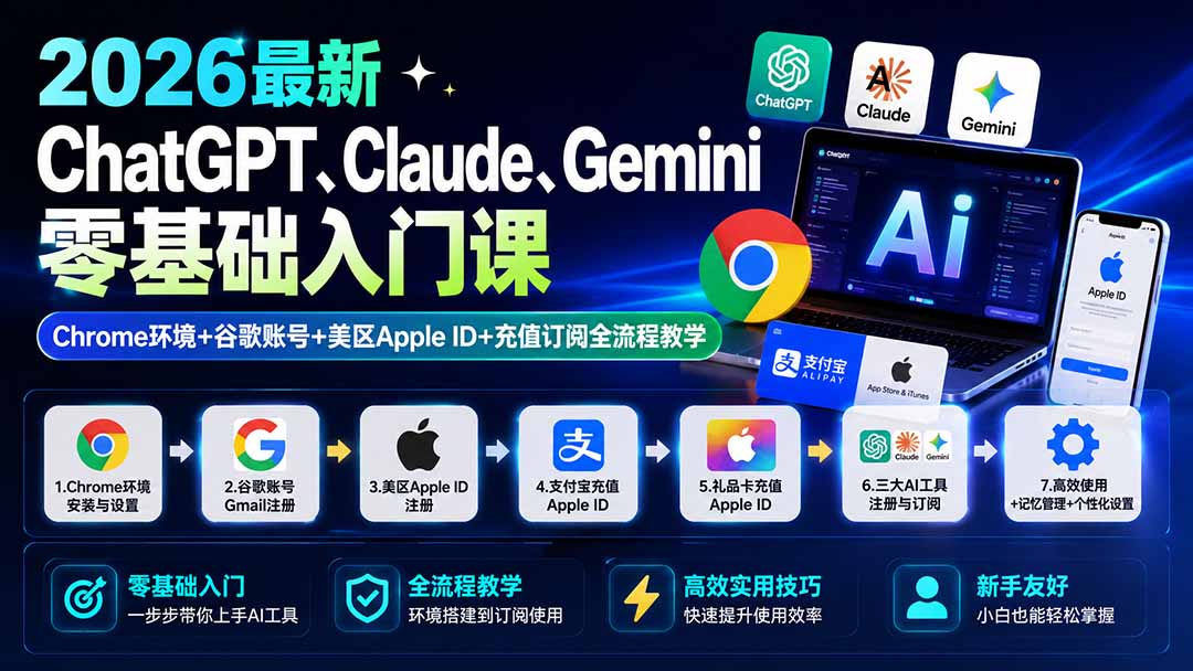 2026最新ChatGPT、Claude、Gemini零基础入门课：Chrome环境+谷歌账号+美区Apple ID+充值订阅全流程教学-hcnxn