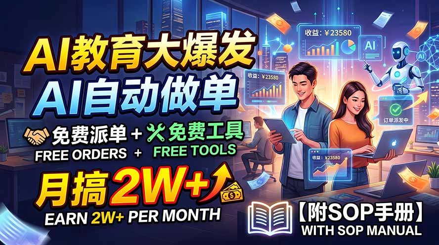 AI教育大爆发，AI自动做单，免费派单+免费工具，月搞2W+【附SOP手册】-hcnxn