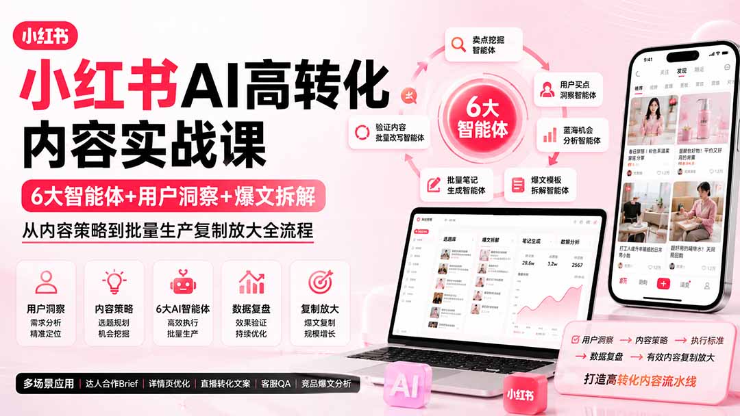 小红书AI高转化内容实战课：6大智能体+用户洞察+爆文拆解，从内容策略到批量生产复制放大全流程-hcnxn