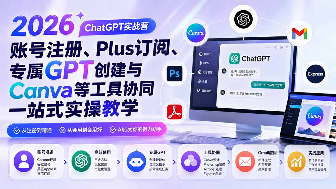 2026 ChatGPT实战营；账号注册、Plus订阅、专属GPT创建与Canva等工具协同一站式实操教学-hcnxn