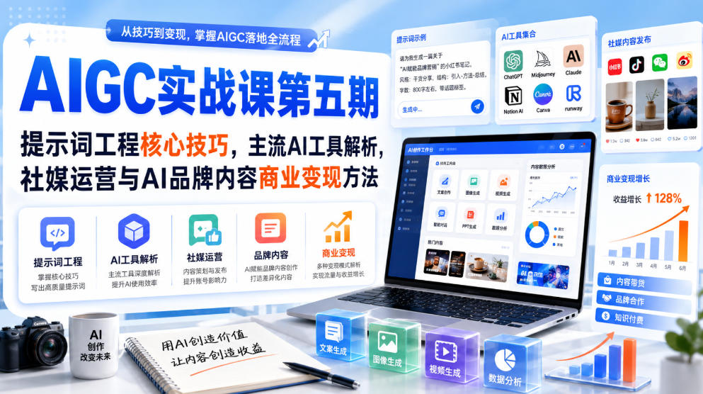 刺猬星球·AIGC实战课第五期，提示词工程核心技巧，主流AI工具解析，社媒运营与AI品牌内容商业变现方法-hcnxn