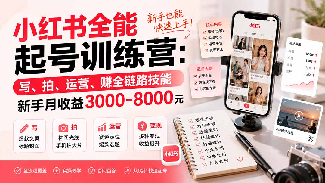 小红书全能起号训练营-更新：写、拍、运营、赚全链路技能，新手月收益3000-8000元-hcnxn