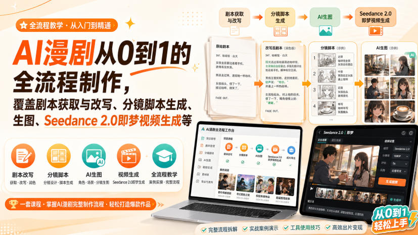 AI漫剧从0到1的全流程制作，覆盖剧本获取与改写、分镜脚本生成、角色场景生图与三视图、Seedance 2.0即梦视频生成(PDF版)-hcnxn