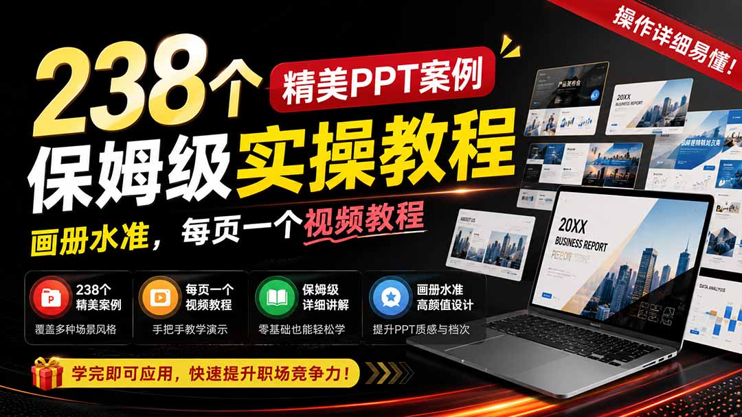 238个精美ppt案例保姆级实操教程：画册水准，每页一个视频教程，操作详细易懂！-hcnxn
