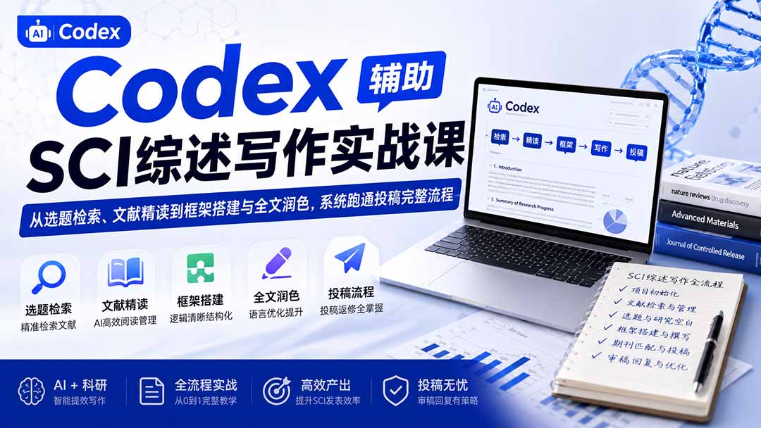 Codex辅助SCI综述写作实战课——从选题检索、文献精读到框架搭建与全文润色，系统跑通投稿完整流程-hcnxn
