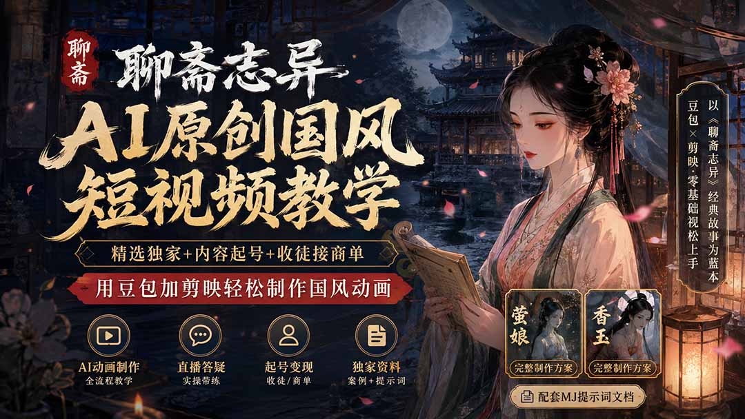 聊斋志异AI原创国风短视频教学-更新；精选独家+内容起号+收徒接商单，用豆包加剪映轻松制作国风动画-hcnxn