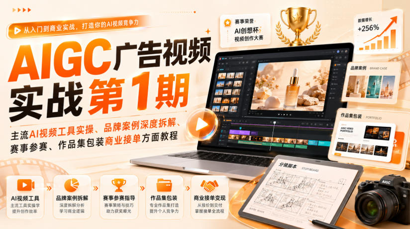 AIGC广告视频实战第1期，主流AI视频工具实操、品牌案例深度拆解、赛事参赛、作品集包装商业接单方面教程-hcnxn