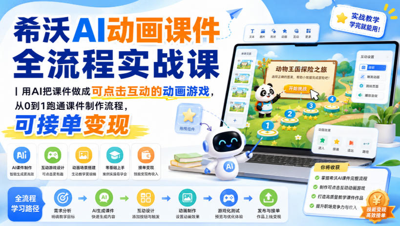 希沃AI动画课件全流程实战课｜用AI把课件做成可点击互动的动画游戏，从0到1跑通课件制作流程，可接单变现-hcnxn