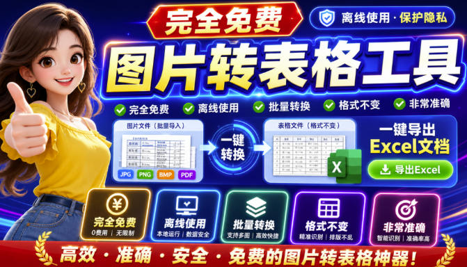 图片表格识别提取工具，支持一键从图片中智能提取表格并导出Excel文件，可离线免网运行，FastTableOCR-hcnxn