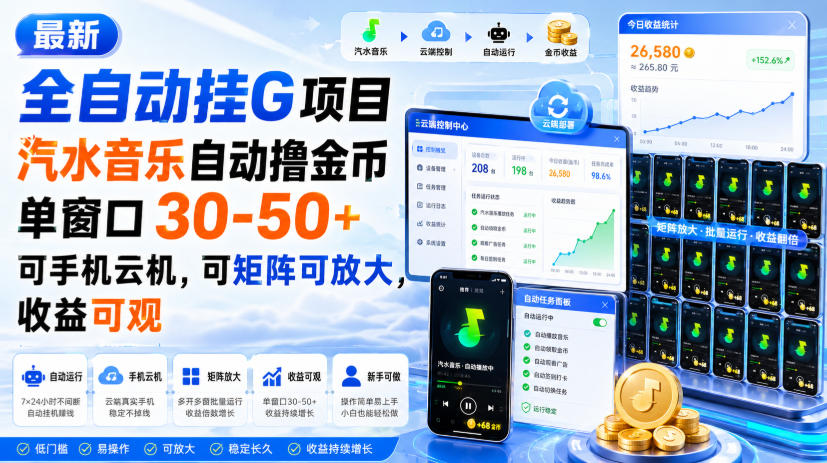 最新全自动挂G项目，汽水音乐自动撸金币单窗口30-50+，可手机云机，可矩阵可放大，收益可观-hcnxn