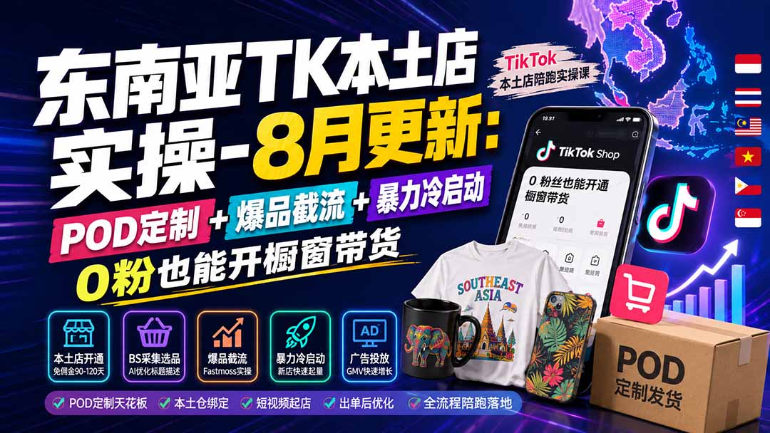 东南亚TK本土店实操-8月更新：POD定制+爆品截流+暴力冷启动，0粉也能开橱窗带货-hcnxn